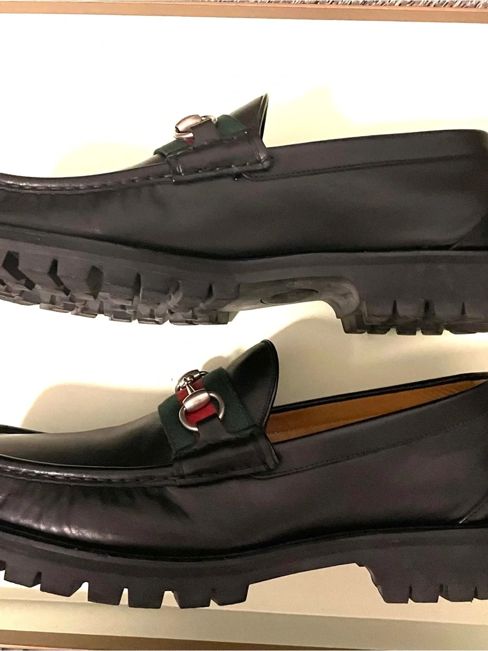 Gucci Black Leather Loafers with Red & Green Web and Silver Horsebit